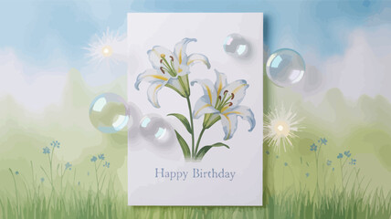 A visually appealing and serene birthday greeting card design featuring elegant floral elements and festive typography perfect for invitations and celebratory messages isolated on white background
