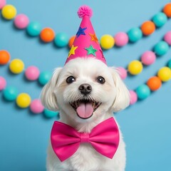 White dog wearing pink party hat and bow tie puppy