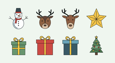 Cute Christmas Holiday Icons Set: Snowman, Reindeer, and Gift Boxes on Light Green Background, Flat Vector Elements, Vector Illustration, Simple Vector, Stylized Vector Drawing, Vector Template,