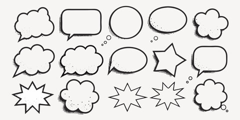 Vector collection of comic speech bubbles and thought balloons in various shapes with halftone shading effect