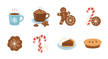 Cozy Winter Drinks and Festive Holiday Treats Collection on White Background, Flat Vector Elements, Vector Illustration, Simple Vector, Stylized Vector Drawing, Vector Template, Clean Vector Style,