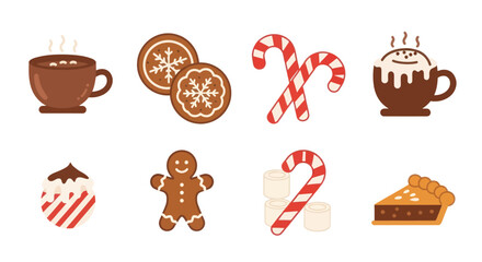 Cozy Christmas Treats & Hot Chocolate: Festive Gingerbread , Cookies, Peppermint Dessert, and Steaming Cocoa Mug Illustration., Flat Vector Elements, Vector Illustration, Simple Vector, Stylized