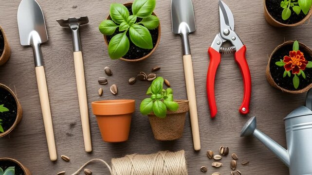 Gardening tools and potted plants arranged on a wooden surface.