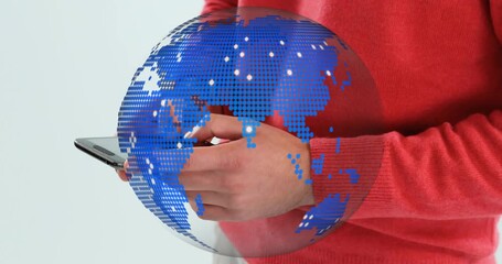 Tech user tapping smartphone and visualizing technology data, revealing rotating globe growing - Powered by Adobe