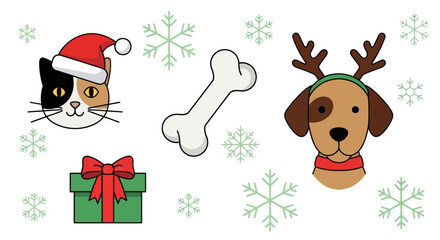 Cute Christmas Calico Cat in Santa Hat with Green Gift and Snowflakes on White Background - Festive Winter Holiday Design, Flat Vector Elements, Vector Illustration, Simple Vector, Stylized Vector