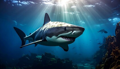 Naklejka premium Great White Shark Swimming in Blue Ocean with Sun Rays.
