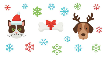 Cute Cartoon Cat with Santa Hat and Colorful Snowflakes, Festive Winter Holiday Illustration, Flat Vector Elements, Vector Illustration, Simple Vector, Stylized Vector Drawing, Vector Template, Clean