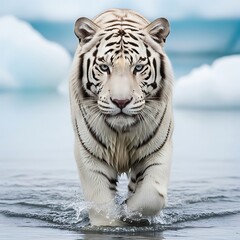 White tiger walks through shallow water with blue sky