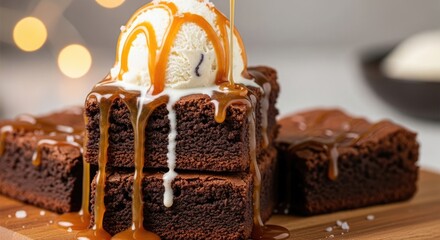 Decadent Chocolate Brownies Stacked with Ice Cream and Caramel Drizzle