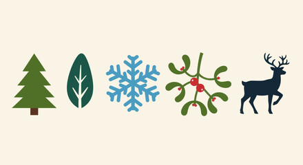Minimalist flat design icons depicting an evergreen tree, a green leaf, and a blue , symbolizing nature and winter seasons on a light background., Flat Vector Elements, Vector Illustration, Simple