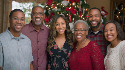 A heartwarming family photo taken in front of a decorated Christmas tree, with everyone wearing festive attire, capturing the joy of the holiday season and the New Year ahead.
