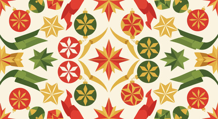 Seamless Christmas Holiday Pattern with Red and Green Ornaments, Golden Stars, Ribbons, and Geometric Shapes on a Light Cream Background, Festive Vector Art for Seasonal Designs., Flat Vector