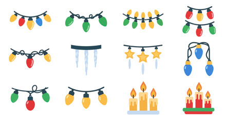 Colorful Christmas String Lights and Winter Icicles on White Background for Holiday Decoration, Flat Vector Elements, Vector Illustration, Simple Vector, Stylized Vector Drawing, Vector Template,