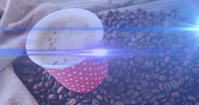 Lens flare and glitch blocks appearing on dotted cup pulsing glow showing coffee