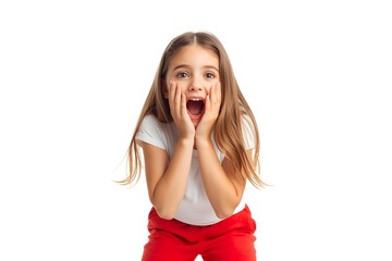 Surprised Little Girl with Open Mouth and Hands on Face Isolated on White Background