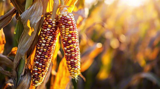 Close-up view of vibrant corn cobs hanging from stalks, illuminated by warm sunlight, showcasing rich colors and textures in a golden field environment