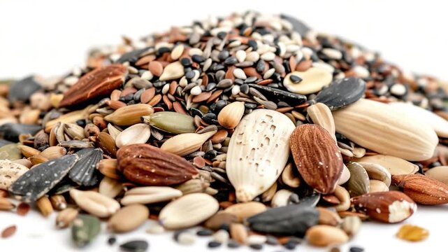 Video clip A collection of nuts and seeds on a clean white surface