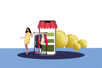 Composite trend artwork collage of young lady hand hold clothes online store sale buyer black friday consumer huge smartphone coins