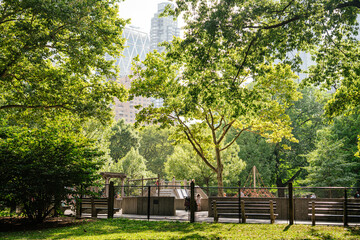 A fenced playground sits quietly among the green trees of Central Park, New York City. Soft sunlight highlights the foliage, with modern buildings peeking through in the distance.