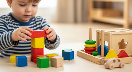 Cropped picture of a toddler building a tower with wooden blocks and playing games with montessori toys.