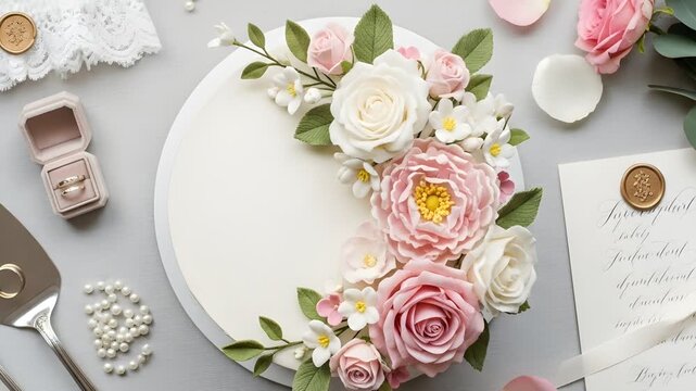 Elegant wedding cake with floral decorations.