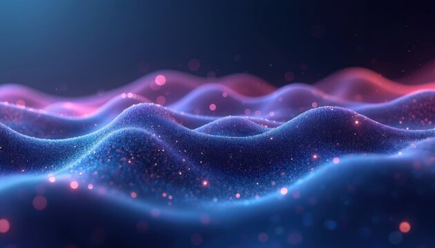 Abstract blue and purple waves of particles glow with bokeh lights. This digital art evokes a sense of motion and energy, perfect for tech backgrounds or album covers. - Powered by Adobe