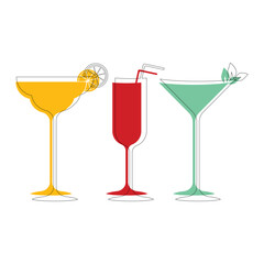 Minimalistic illustration of three champagne glasses of different shapes: yellow with a slice of orange, red with a straw and green with mint leaves