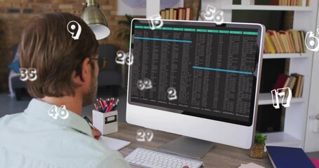 Data analyst typing on keyboard and noting as numbers starting to float around screen showing data - Powered by Adobe