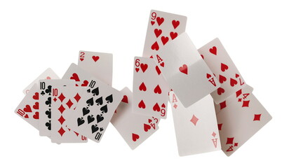 Playing cards for poker and gambling, series of hearts isolated on white background with clipping path