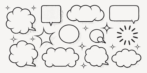 Vector illustration of various speech bubbles, clouds, stars, and a sunburst on a white background design