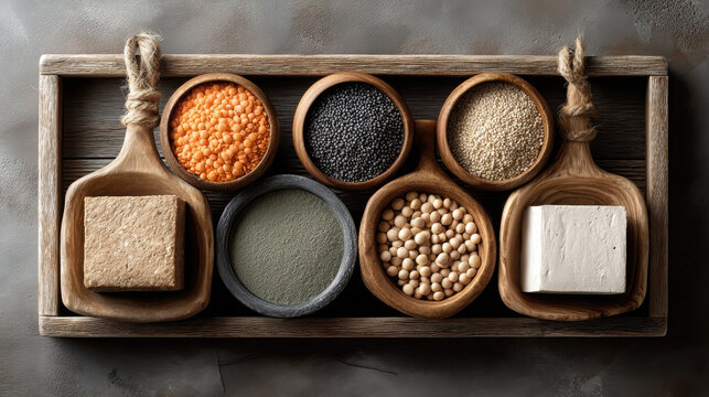 Exploring alternative protein sources with tofu and various legumes on a wooden tray