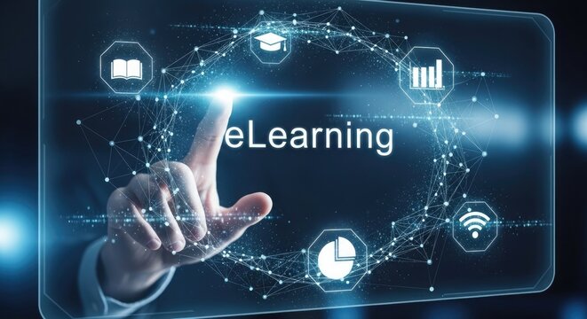 Hand Touching E- Learning Network Interface with Icons