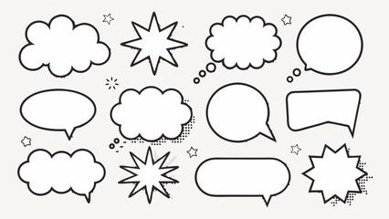 Vector collection of cartoon speech bubbles and starburst shapes in black outline on a white background design
