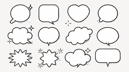 Outlined vector set of comic speech bubbles — including oval, round, and cloud shapes arranged in a clean grid for pop art design.