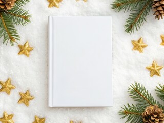 Christmas book mockup. A blank book rests on snow, surrounded by pine branches and golden stars, creating a serene winter scene.