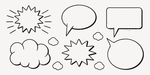 Outlined vector set of comic speech bubbles — including oval, round, and cloud shapes arranged in a clean grid for pop art design.