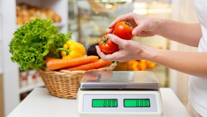 Woman weighing fresh red tomatoes at a grocery store, preparing organic vegetables for sale, emphasizing healthy eating, fresh produce, and food shopping concepts