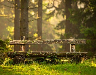 Wooden bench in a sunlit forest clearing