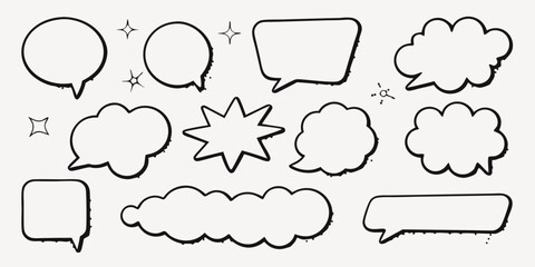 Obraz premium Vector collection of hand drawn black and white speech bubbles and stars on a bright white background design