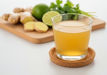Healthy homemade ginger lime tea in a glass with fresh ingredients.