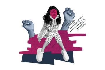 Composite trend artwork 3D sketch image photo collage of harassment abuse victim hand gesture fist up young lady faceless sit stop word