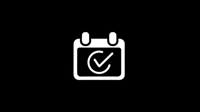 White calendar icon with a checkmark inside a square on a black background date schedule