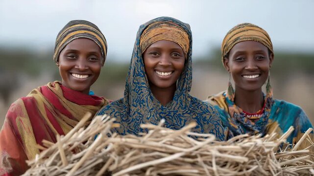 Savanna cooperative with Kenyan women threshing millet, drought-resistant eco-farming, women-led resilient harvest, African organic distribution. three-quarter wide angle, cinematic color