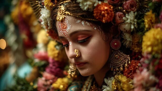 Portrait of a Beautiful Young Woman Dressed as Radha, Adorned with Flowers, Jewelry and Traditional Makeup, Looking Down
