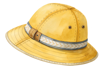 Watercolor illustration of a yellow school hat in a classic uniform style, painted with soft textures and subtle shading. The hand-drawn design gives it a charming and nostalgic feel, perfect for educ