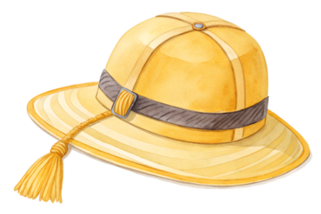 Watercolor illustration of a yellow school hat in a classic uniform style, painted with soft textures and subtle shading. The hand-drawn design gives it a charming and nostalgic feel, perfect for educ