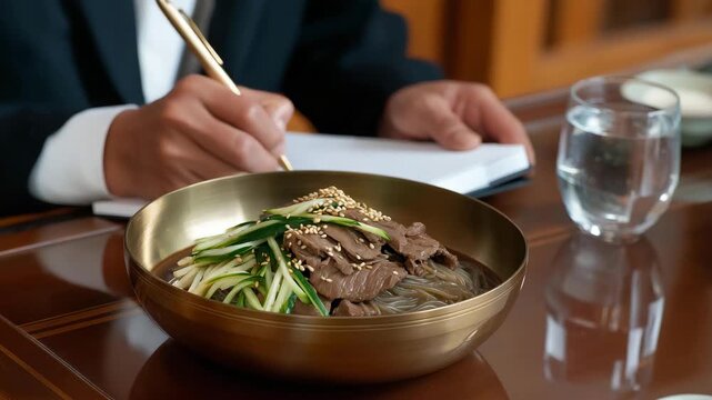 A food critic, their posture upright with a notepad in hand, evaluates Pyeongyang Naengmyeon in a yugi brass bowl at a restaurant table, its surface polished wood. The bowl&rsquo;s metallic curves shine,