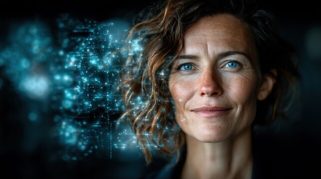 Confident businesswoman with blue eyes and digital holographic network overlay, symbolizing artificial intelligence, innovation, and future technology in business