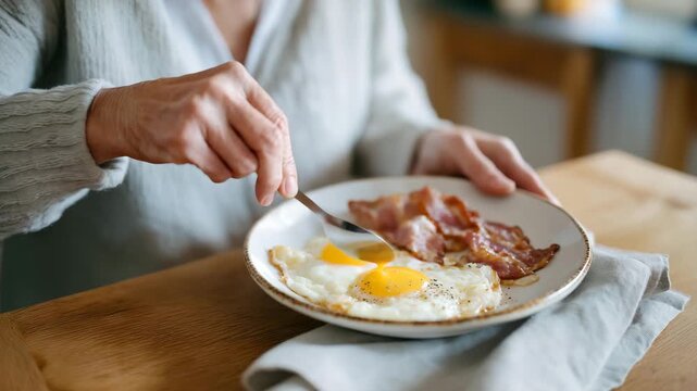 A grandmother, her hands wrinkled, serves fried egg and bacon at a family table, its wood scarred. The egg, its white bubbled, rests beside bacon, its texture crinkled. A ceramic plate, its rim