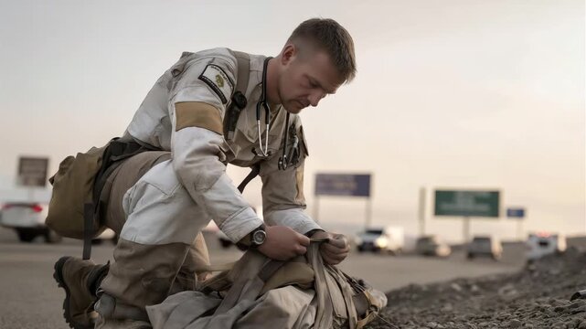 A paramedic, their face focused, kneels beside a stretcher, adjusting a medical bag, its canvas frayed. A stethoscope, its tubing worn, hangs around their neck. A road sign, its metal bent, looms